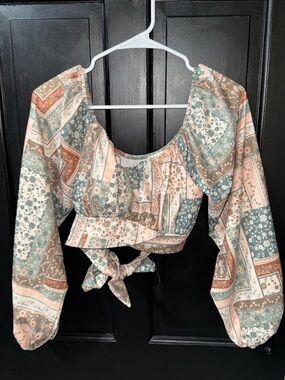 Altar'd State Blush, Sage & Rust Patchwork Tie in back Crop Top